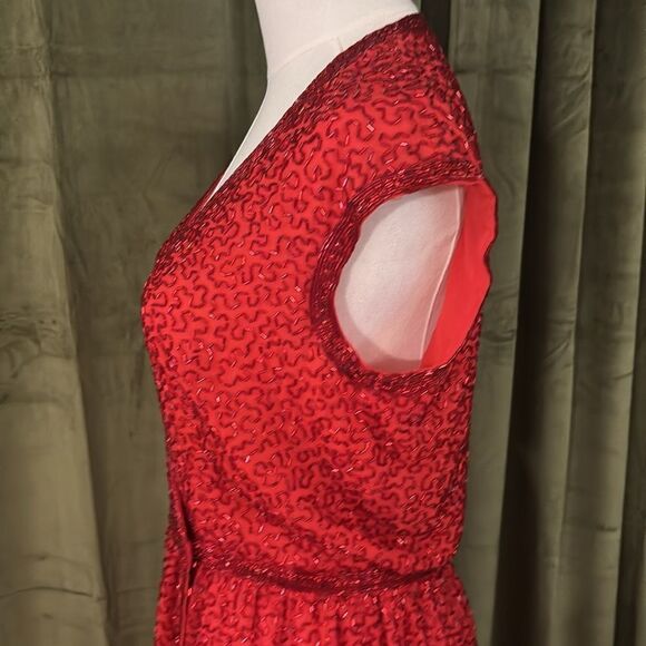 All beaded Elegant Red Wrap Dress, XS-S - Picture 9 of 14